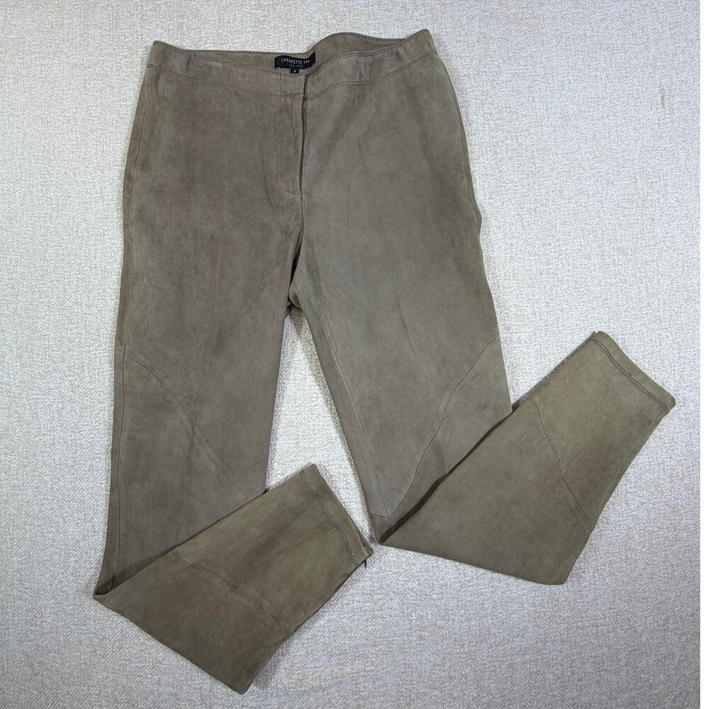Lafayette 148 New York Women 8 Tan Suede Leather  Zip Front Trim Fit Pants